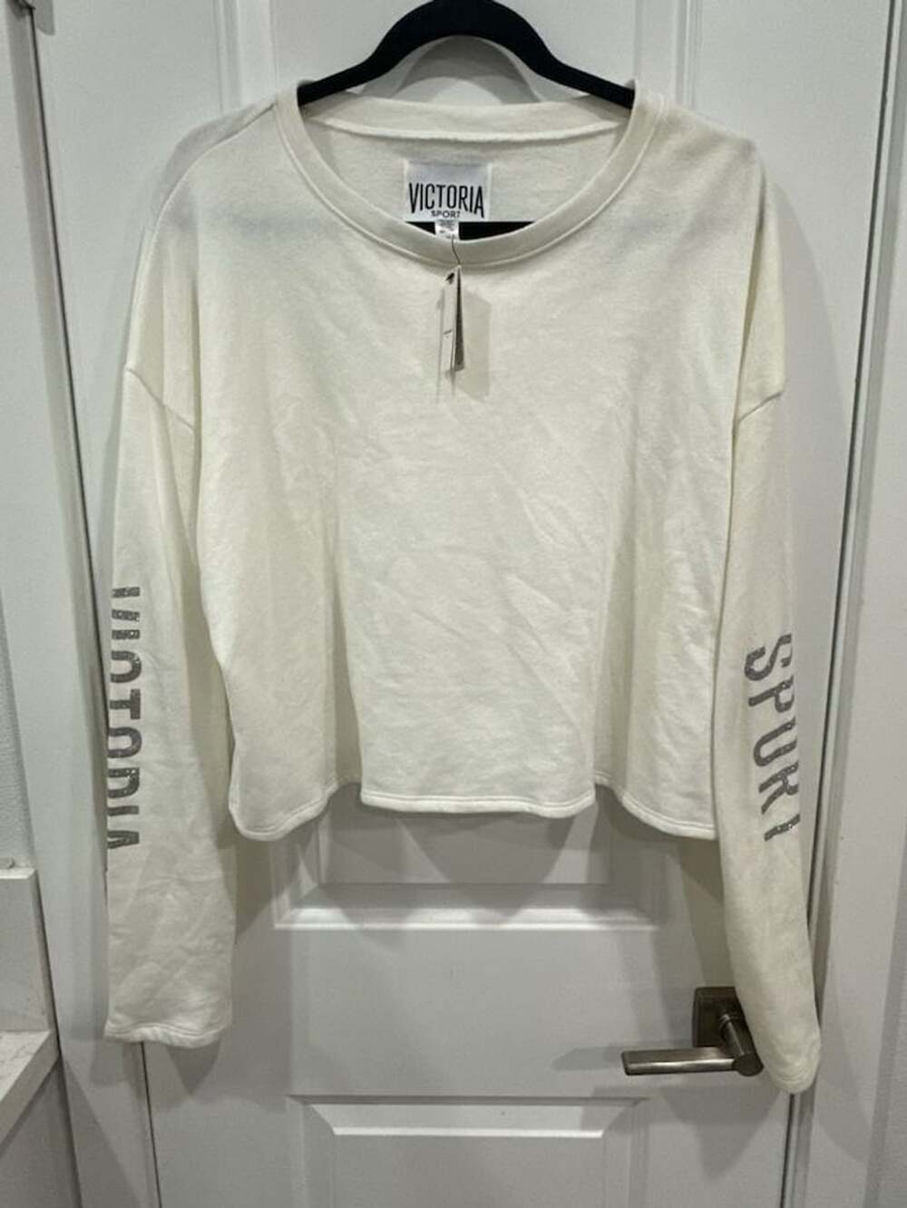 Victoria Sport White Long Sleeve Crop Top Sweatshirt with Glitter Logo Size L